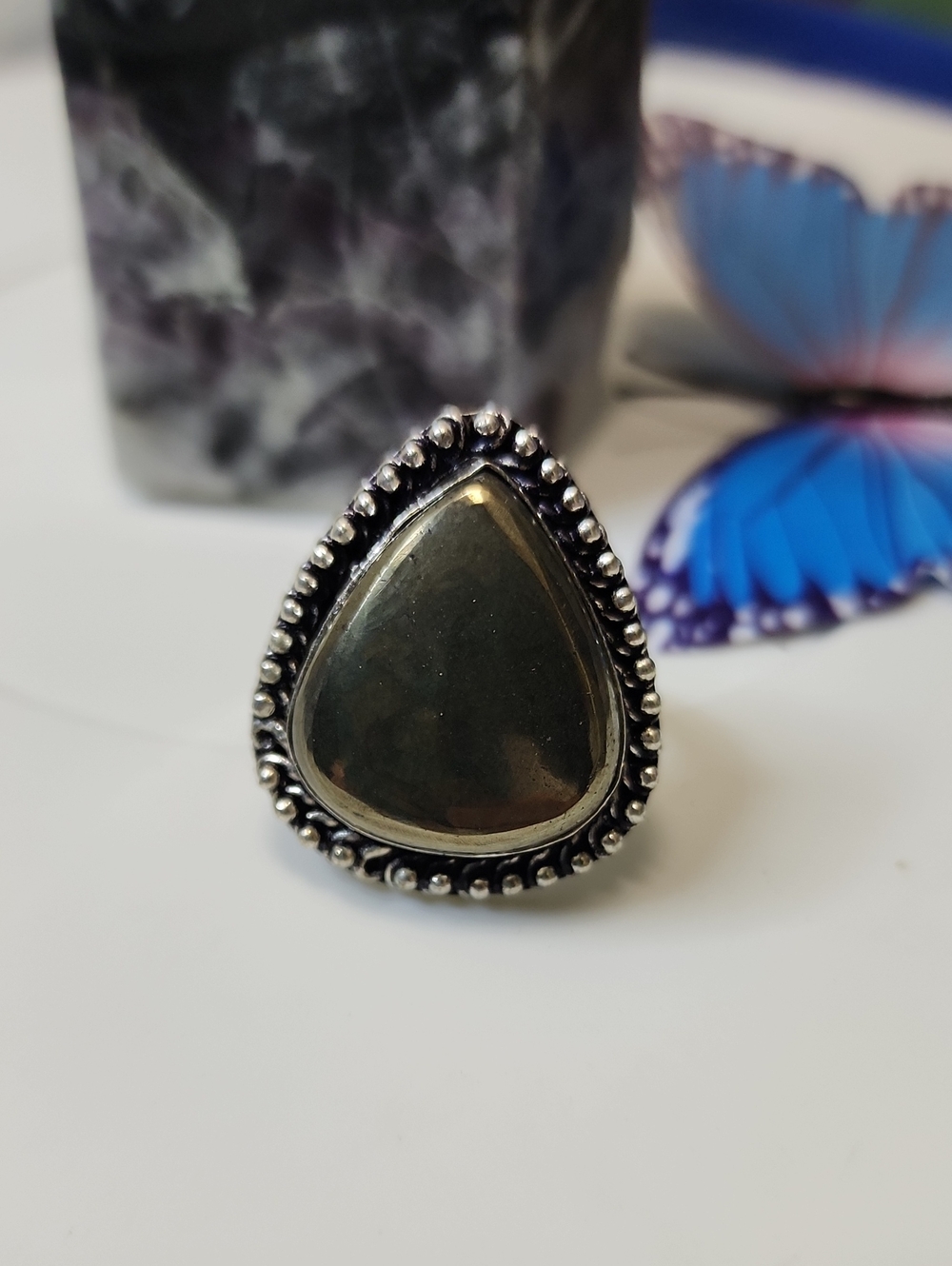 Teardrop Pyrite Statement Ring - Silver